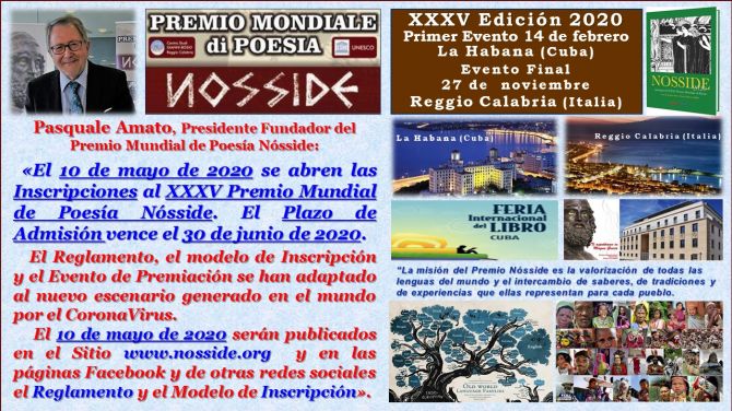 El 10 de mayo de 2020 se abren las Inscripciones al XXXV Premio Mundial de Poesía Nósside